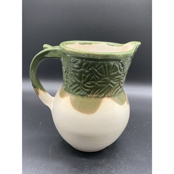 Studio Art Pottery Pitcher Ivory Green Glaze Leaves Signed - Picture 3 of 7